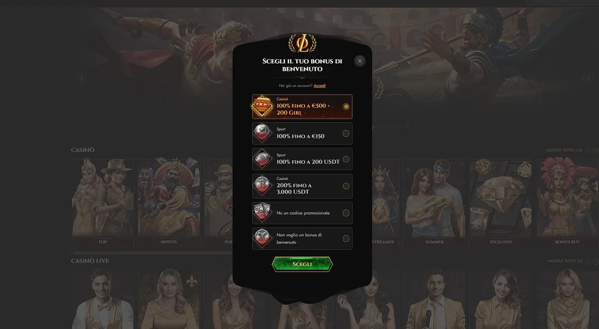 Scelta del bonus di benvenuto su Legiano Casino Italia